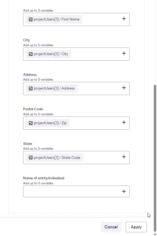 A form for configuring user details, including city, address, postal code, and state fields.