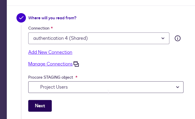 A form showing connection and Procore object selection for data reading.
