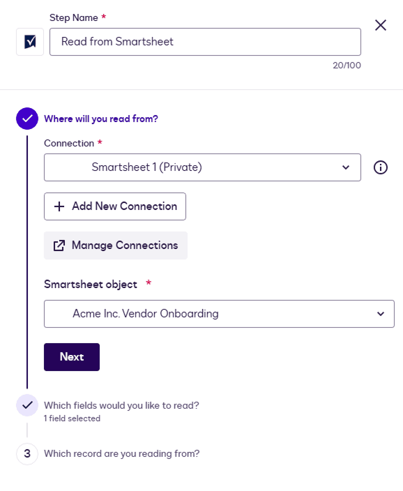 Configuration panel for a 'Read from Smartsheet' action, selecting a private connection and object.