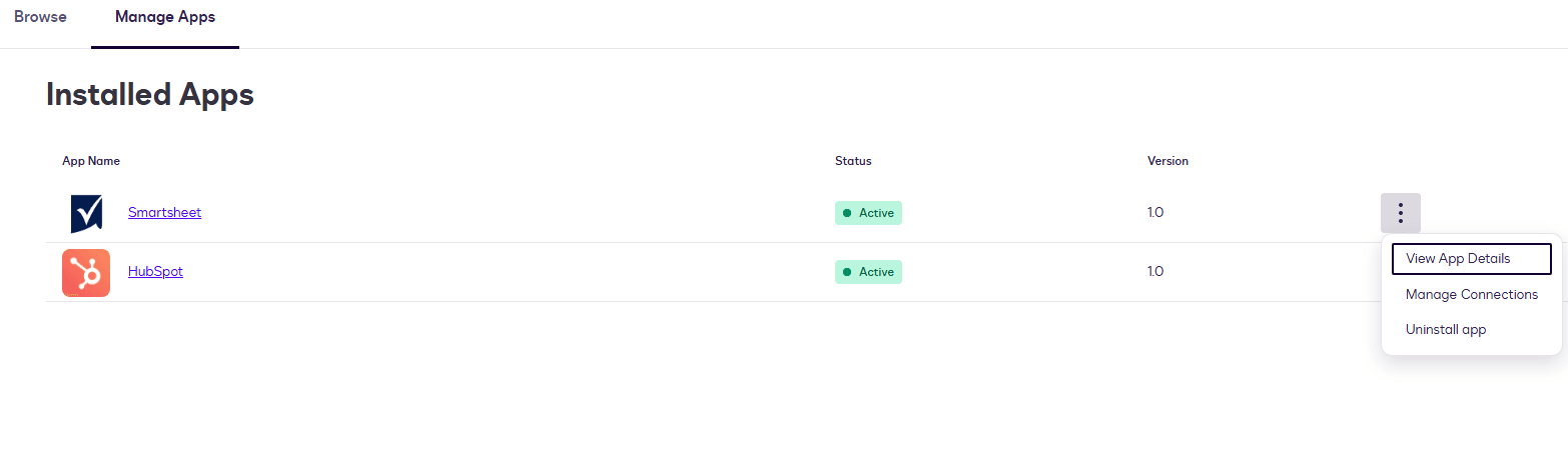 User interface showing "Installed Apps" list with action menu for Hubspot open.