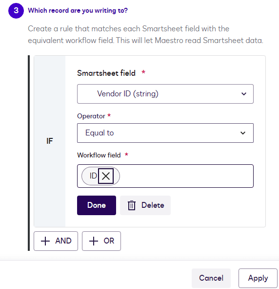 User interface for mapping Smartsheet 'Vendor ID' to workflow 'ID'.