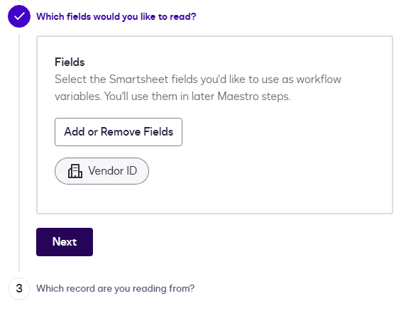UI for selecting Smartsheet fields as workflow variables, showing 'Vendor ID' selected.