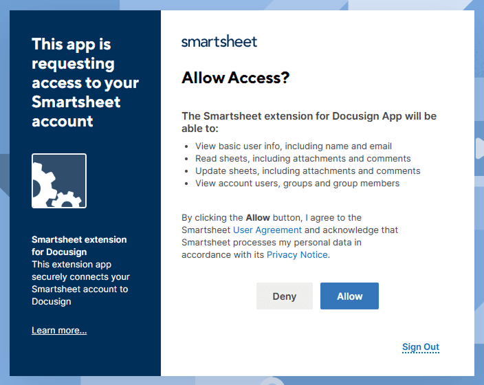 Smartsheet app access request showing 'Allow Access?' prompt and 'Deny'/'Allow' buttons.