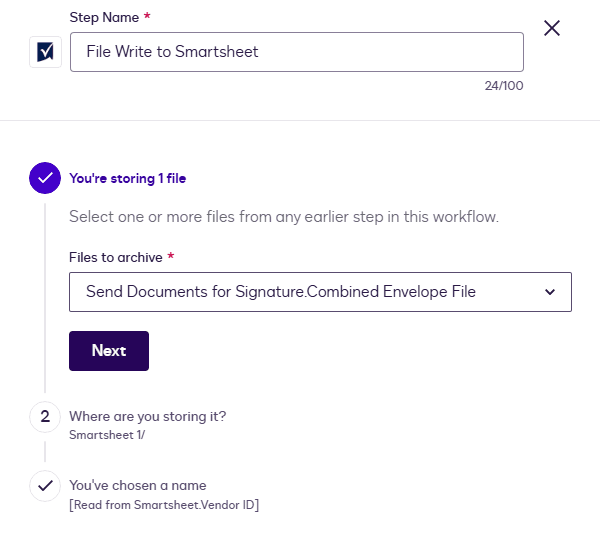 UI showing file write configuration to Smartsheet, archiving 'Send Documents for Signature Combined Envelope File'.