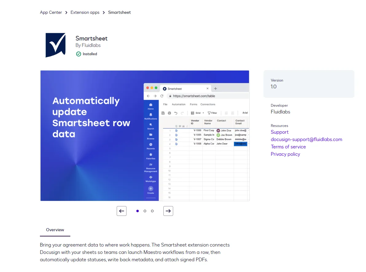 A Smartsheet interface next to text advertising Docusign workflows from Smartsheet.