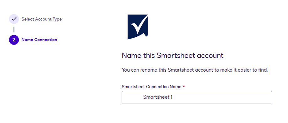 User interface for naming a Smartsheet account connection, pre-filled with 'Smartsheet 1'.