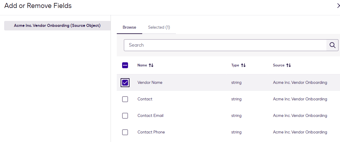 User interface to add or remove fields, showing 'Vendor Name' selected for onboarding.