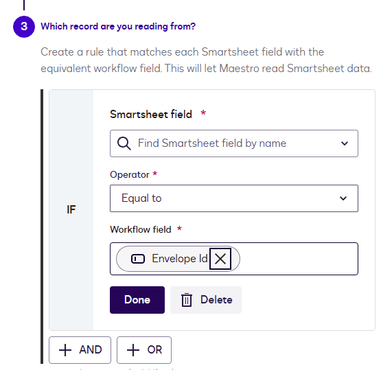 Interface displaying how to create a rule matching a Smartsheet field with a workflow field.