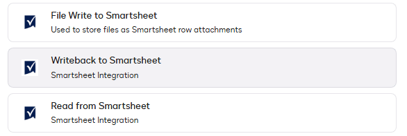 Options for Smartsheet integration including File Write, Writeback, and Read functions.