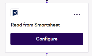 UI card: 'Read from Smartsheet' with checkmark icon and 'Configure' button.