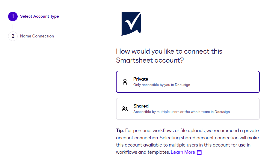 Smartsheet account connection type selection screen with private and shared options.