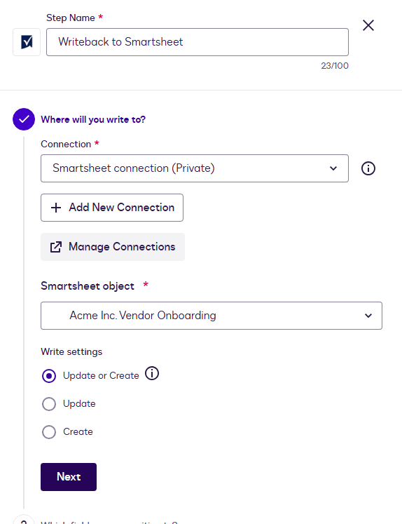 A configuration screen for connecting Outlook to Smartsheet, showing connection and write settings.