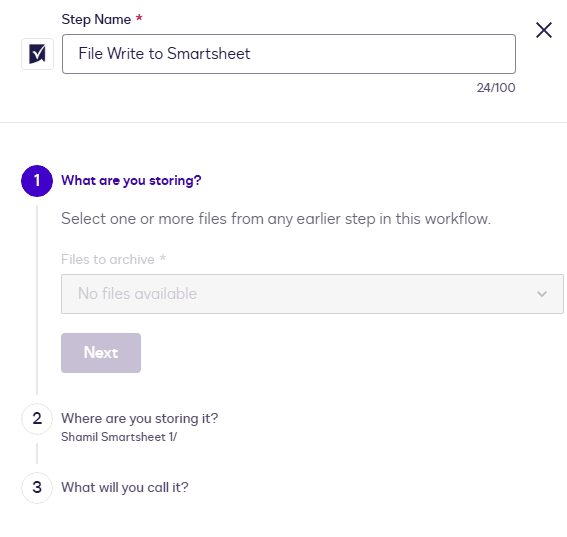 User interface showing a workflow step named 'File Write to Smartsheet' for storing files.