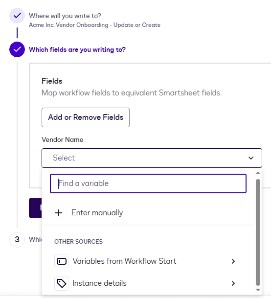 Workflow configuration screen showing field mapping to Smartsheet, with a dropdown for 'Vendor Name'.