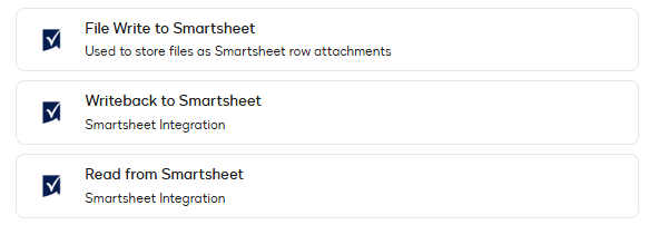 List of Smartsheet integration options: File Write, Writeback, and Read functionalities.