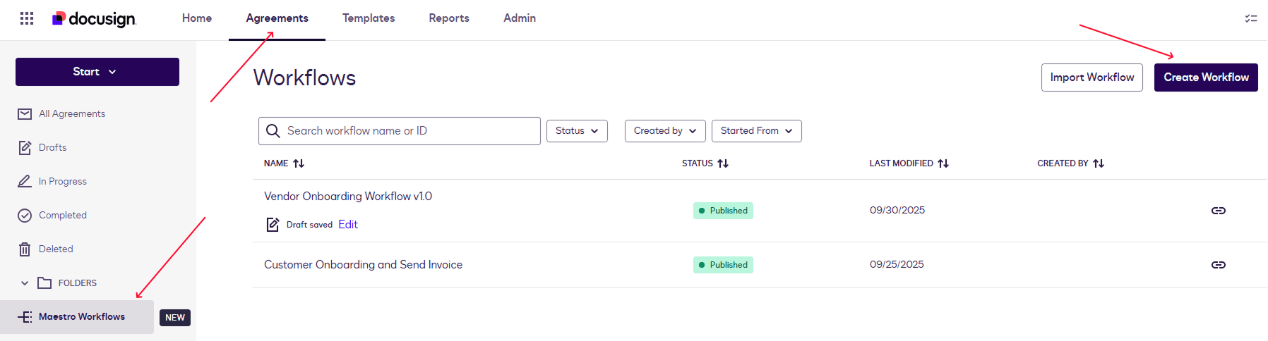 Workflow management dashboard displaying a list of workflows and a 'Create Workflow' button.