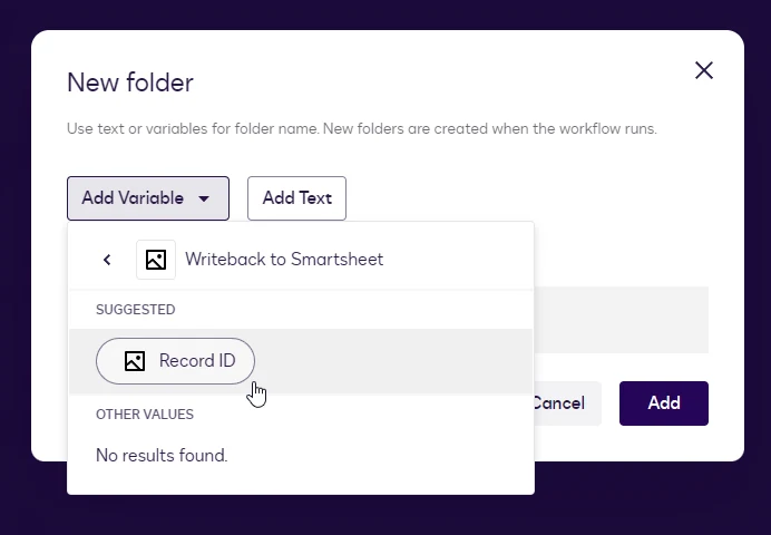 Variable picker showing the Writeback to Smartsheet step with Record ID under Suggested.