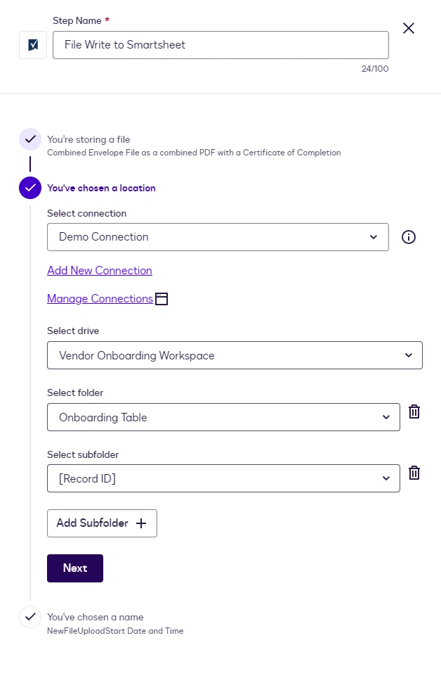 Location settings for a File Write step: Demo Connection, Vendor Onboarding Workspace, Onboarding Table, and a Record ID subfolder.