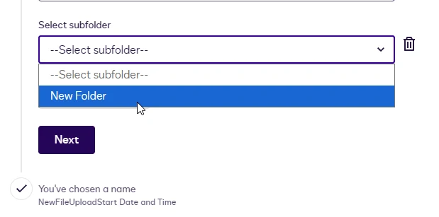 Select subfolder dropdown open with the New Folder option highlighted.