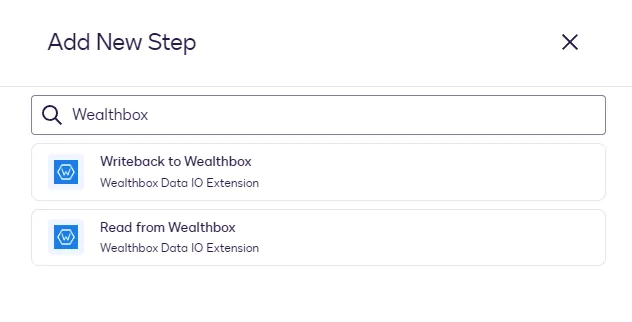 The Add New Step dialog with "Wealthbox" searched, showing Writeback to Wealthbox and Read from Wealthbox.