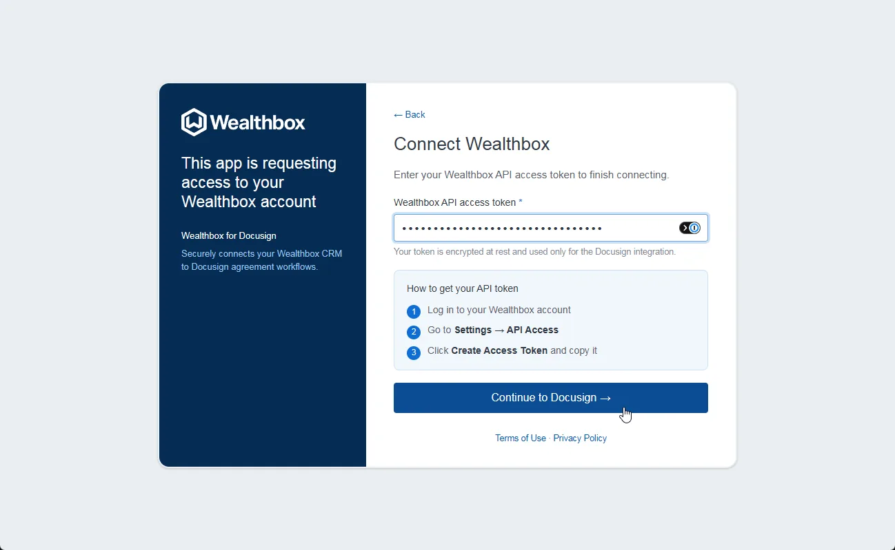 The Connect Wealthbox screen with the API token entered and the Continue to Docusign button.