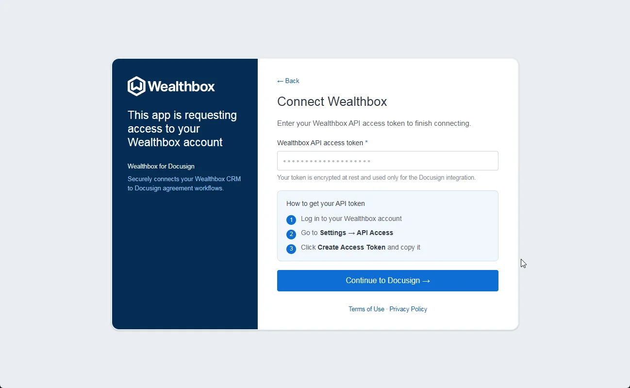 The Connect Wealthbox screen prompting for the Wealthbox API access token, with instructions for creating one.