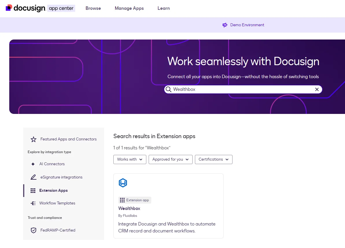 Docusign App Center search results showing the Wealthbox extension app by Fluidlabs.