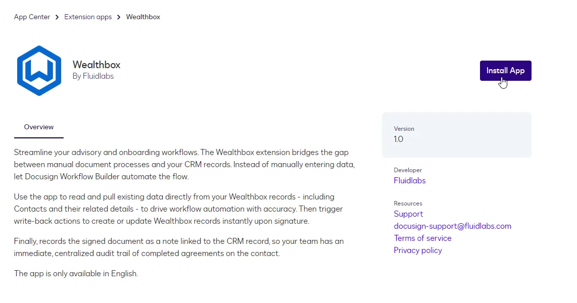 The Wealthbox app page in the Docusign App Center with the Install App button.