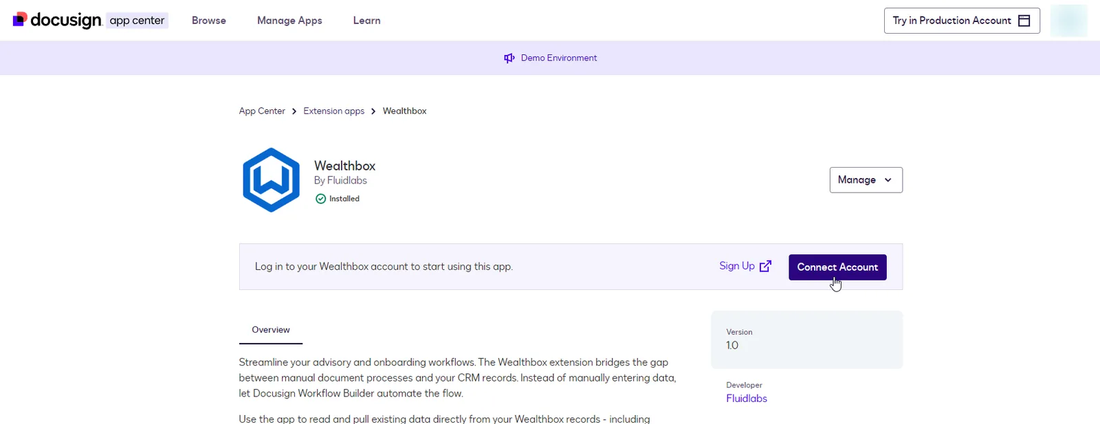 The installed Wealthbox app page showing the Connect Account button.