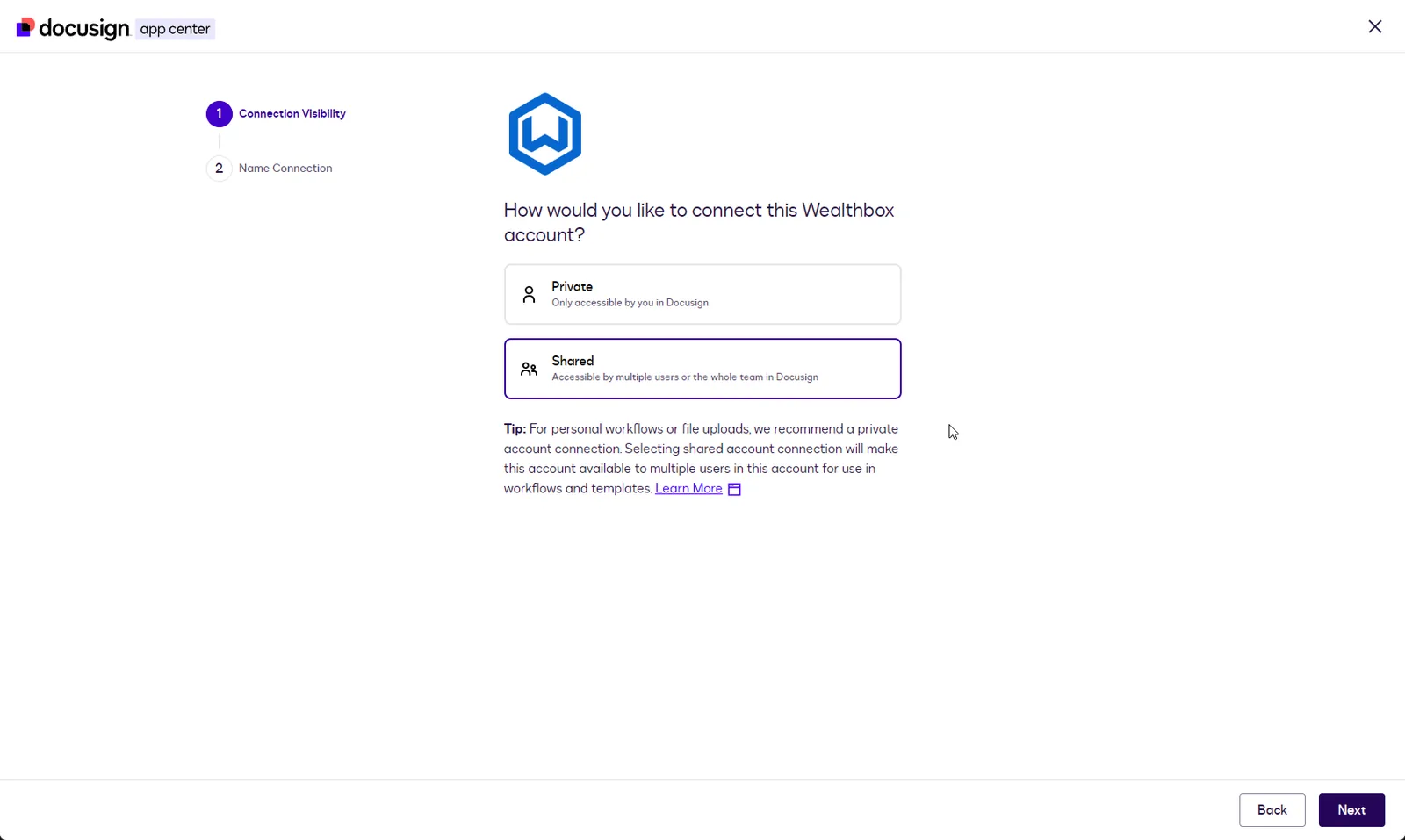 The Connection Visibility step with Private and Shared options; Shared is selected.