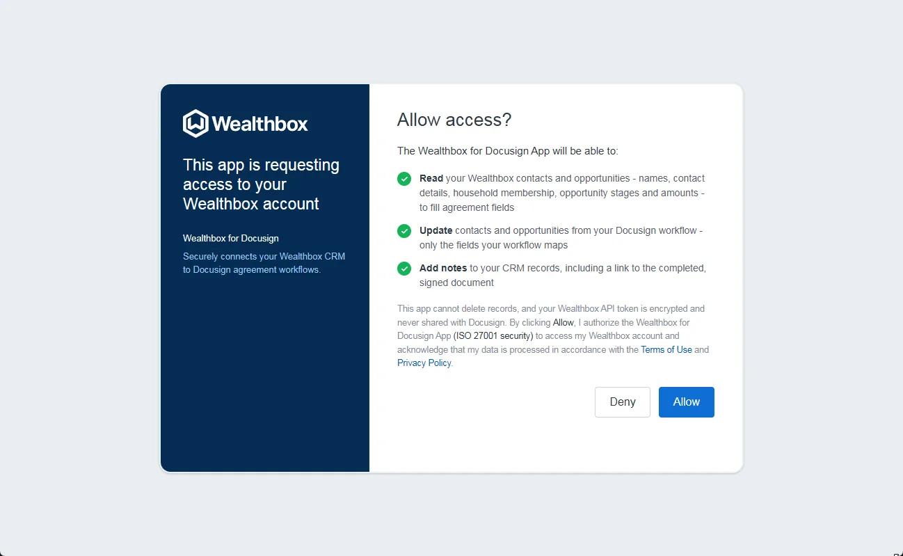 The Wealthbox consent screen listing the access the app requests, with Allow and Deny buttons.
