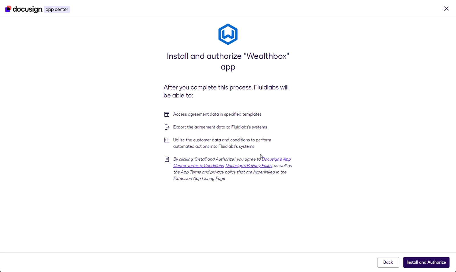 The Install and authorize Wealthbox app screen listing the requested access, with the Install and Authorize button.