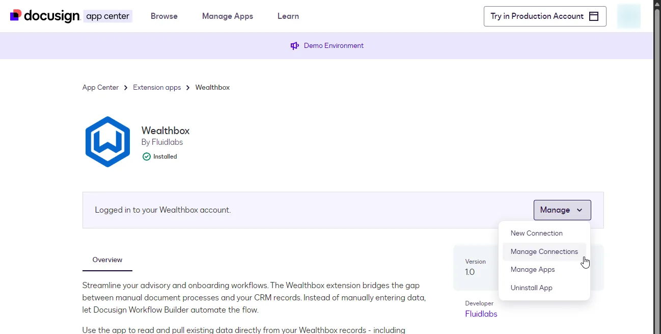The Manage dropdown on the Wealthbox app page showing New Connection, Manage Connections, Manage Apps, and Uninstall App.