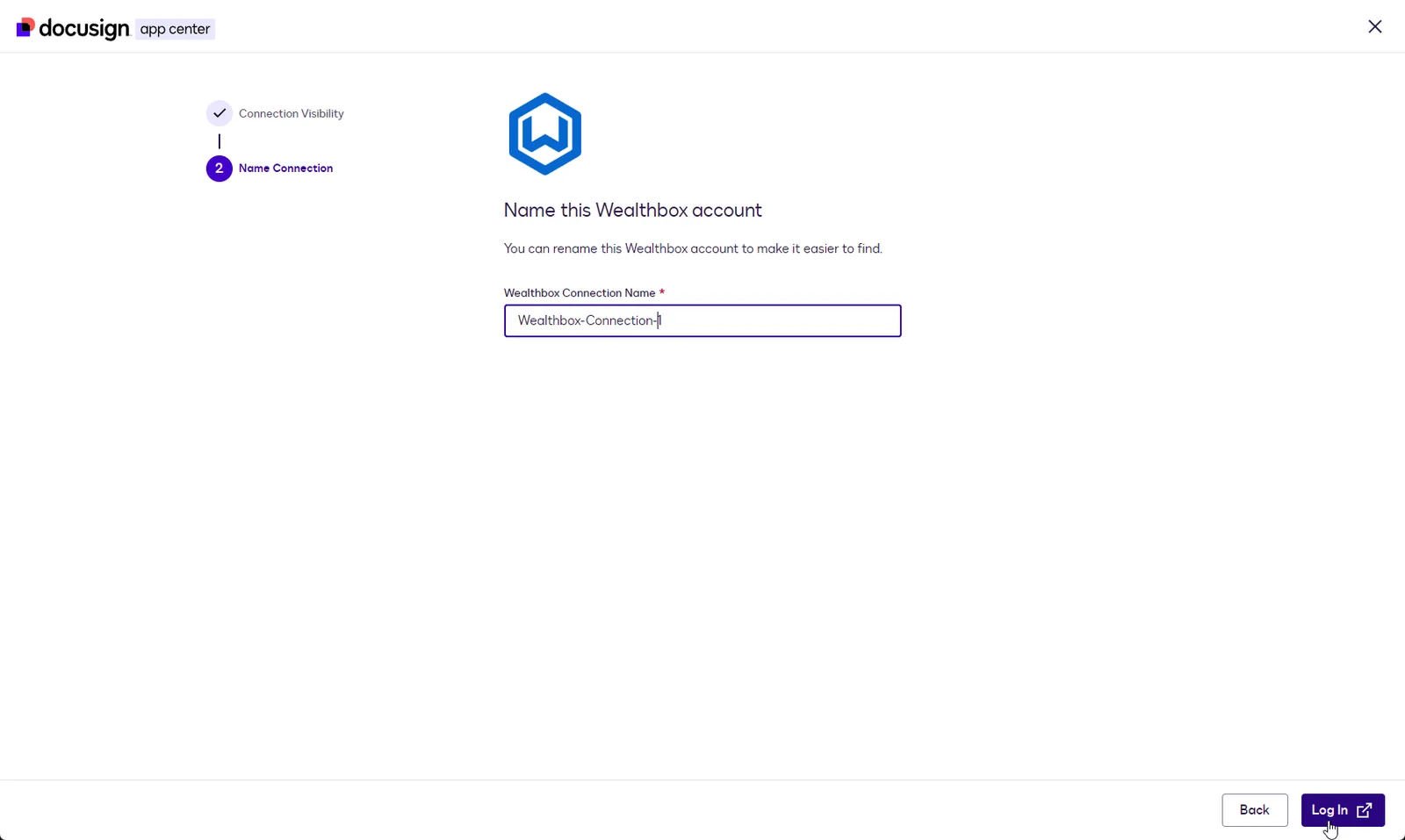 The Name Connection step with the name Wealthbox-Connection-1 entered.