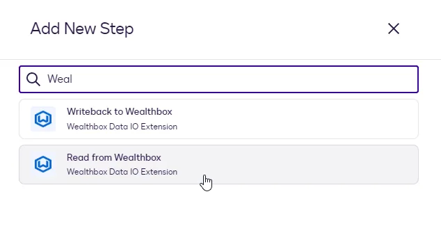 The Add New Step dialog with Read from Wealthbox highlighted.