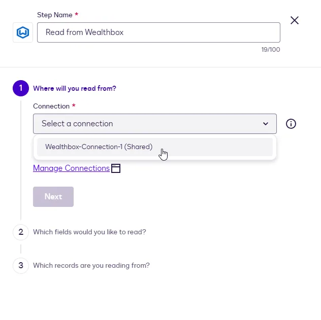 The Read step Connection dropdown showing the Wealthbox connection.
