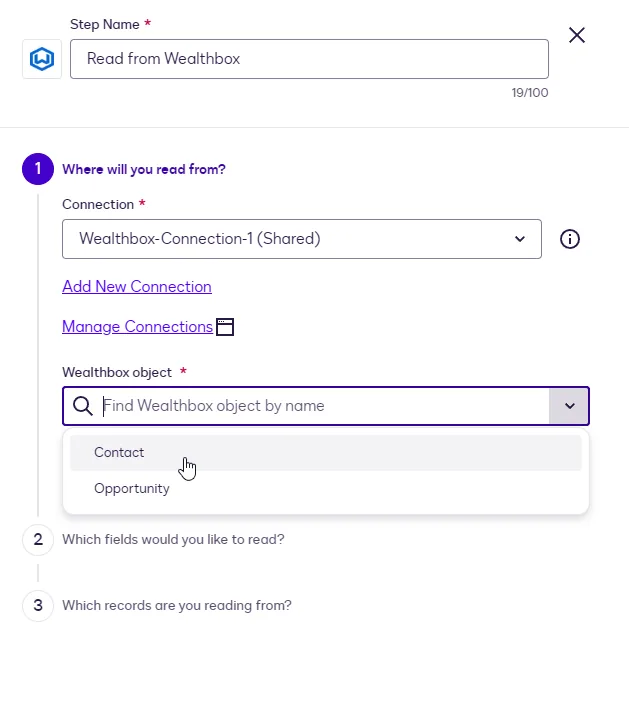 The Wealthbox object dropdown showing Contact and Opportunity.