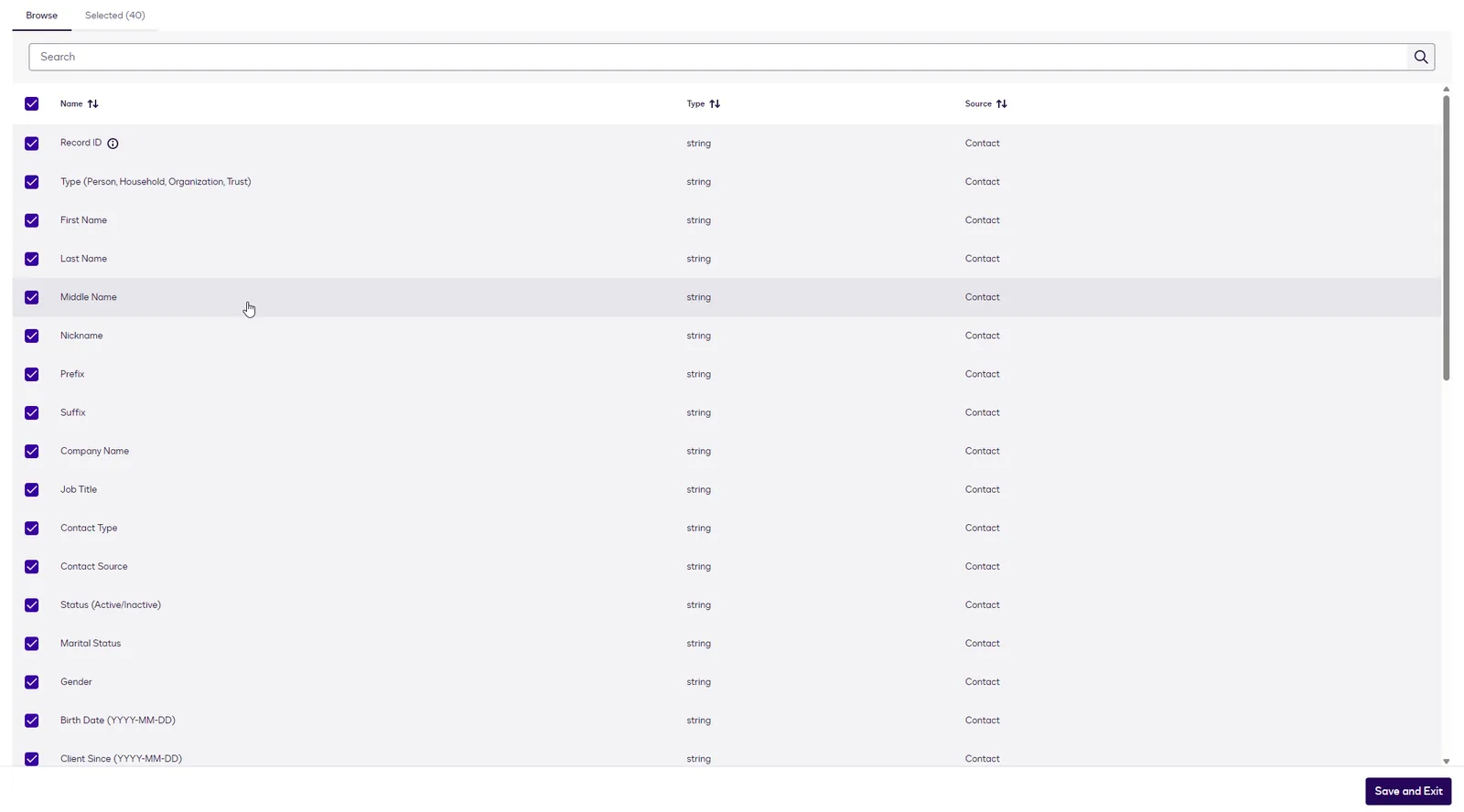 The field browser listing Contact fields with checkboxes.