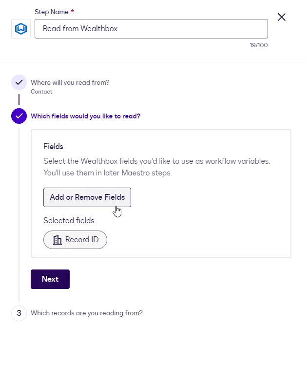 The Fields step with the Add or Remove Fields button.
