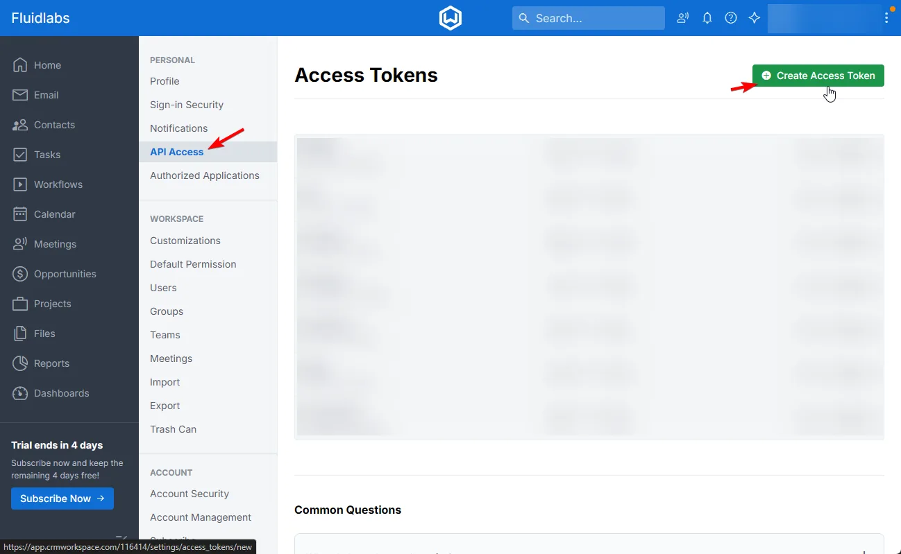 The Wealthbox API Access settings page with the Create Access Token button.