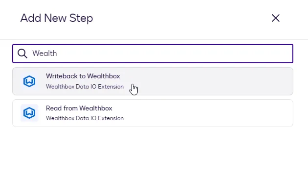 The Add New Step dialog with Writeback to Wealthbox highlighted.