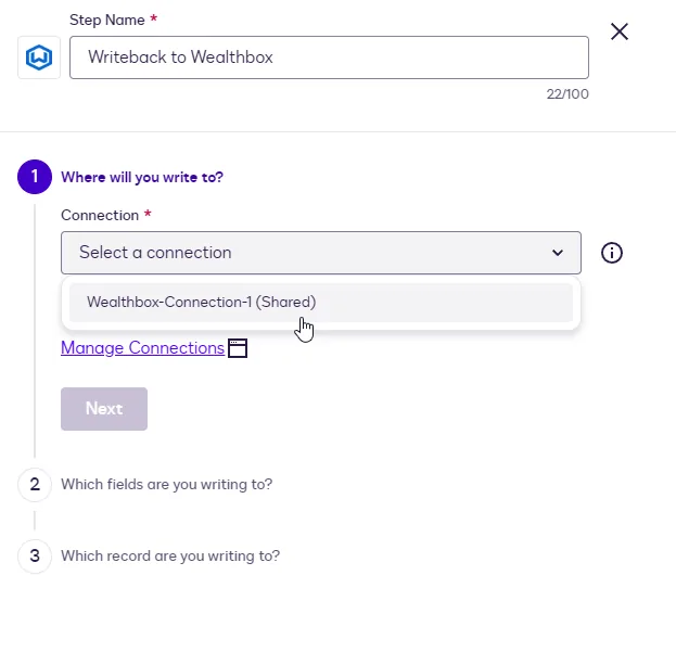 The Writeback Connection dropdown showing the Wealthbox connection.