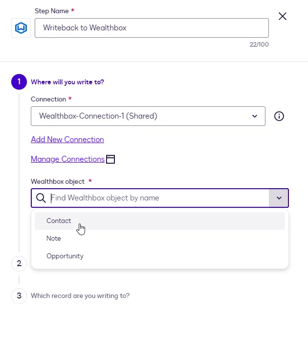 The Wealthbox object dropdown for the Writeback step.