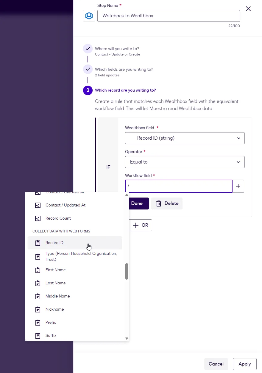 The record-matching rule for Writeback: Record ID equals the form's Record ID.