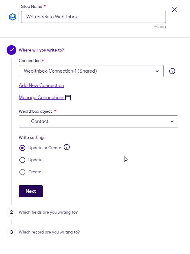 The Write settings options: Update or Create, Update, and Create.