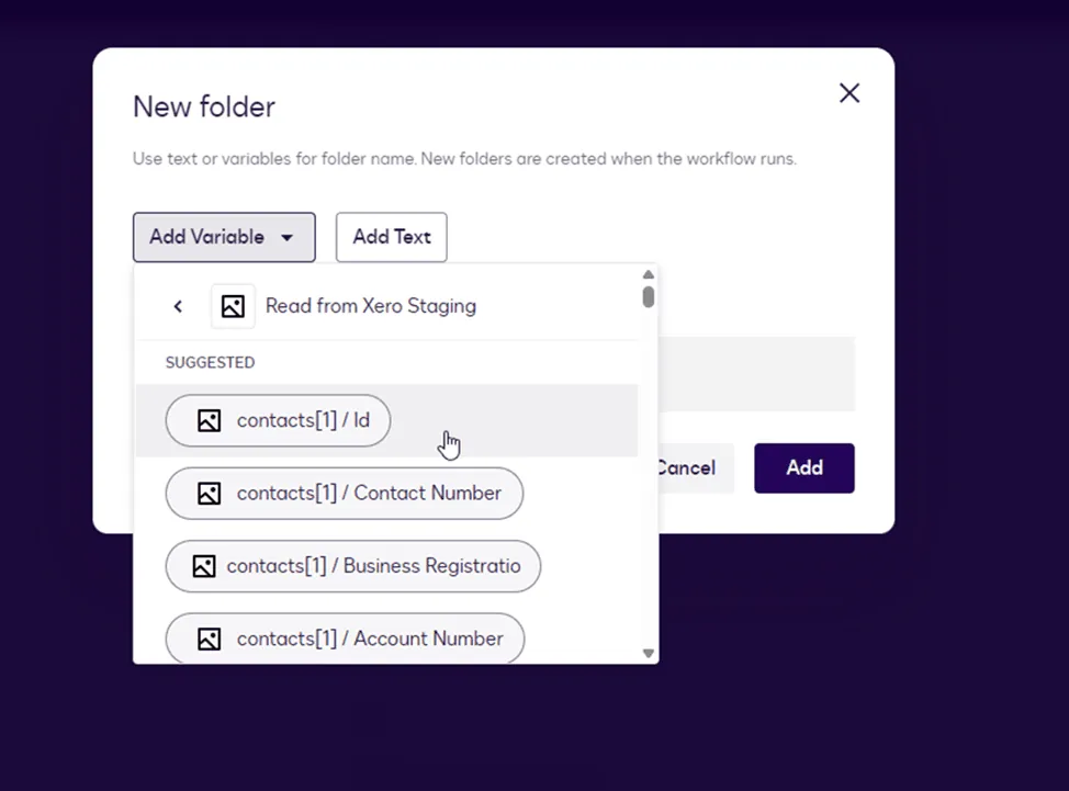 New folder dialog with an open dropdown menu showing 'contacts()/ Id' and other variable options.