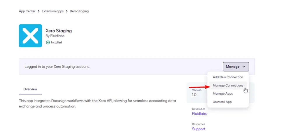Xero Staging app interface showing the 'Manage' dropdown menu with 'Manage Connections' selected.