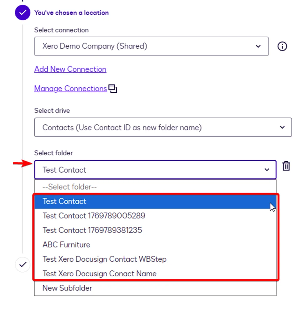 User interface showing an open dropdown menu to select a folder with 'Test Contact' highlighted.