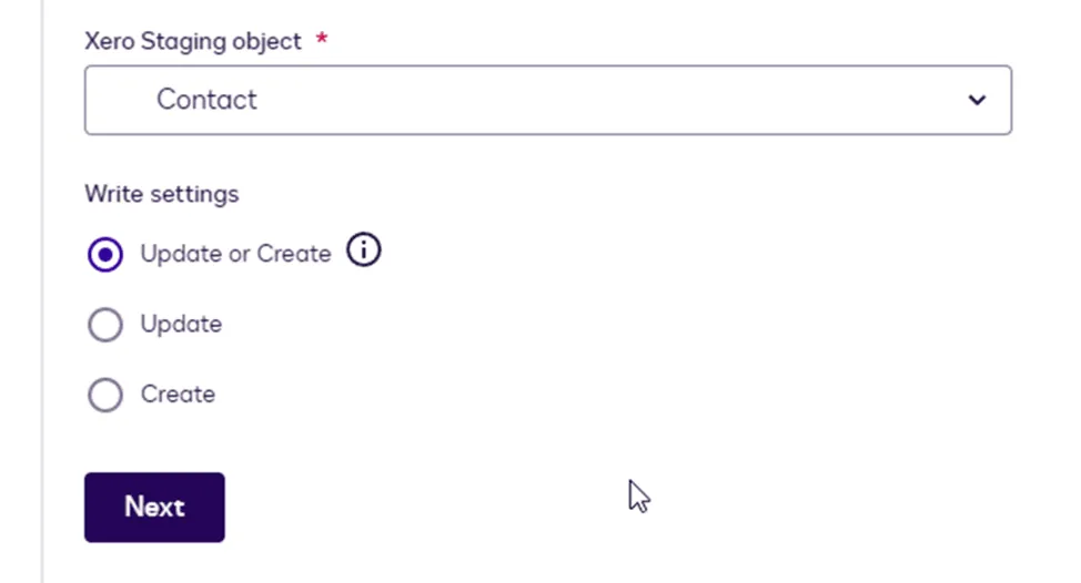 Form showing Xero Staging object, Contact dropdown, and selected "Update or Create" option.