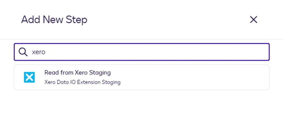 Add New Step dialog showing 'xero' search results for Xero Data IO Extension Staging.